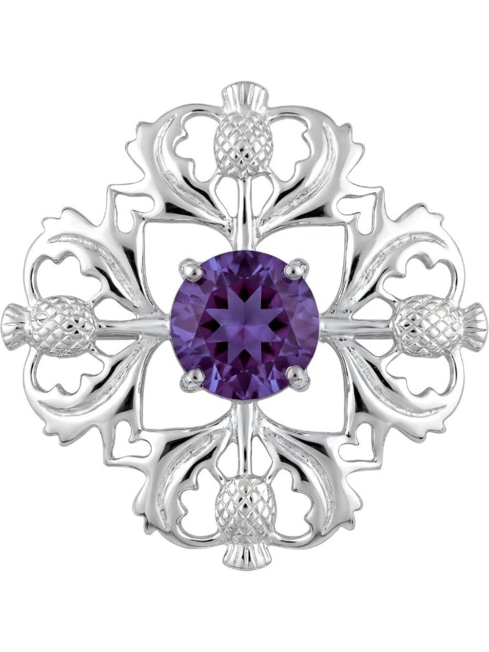 Sterling Silver Scottish Thistle Brooch Pin with Amethyst Stone & Gift Box